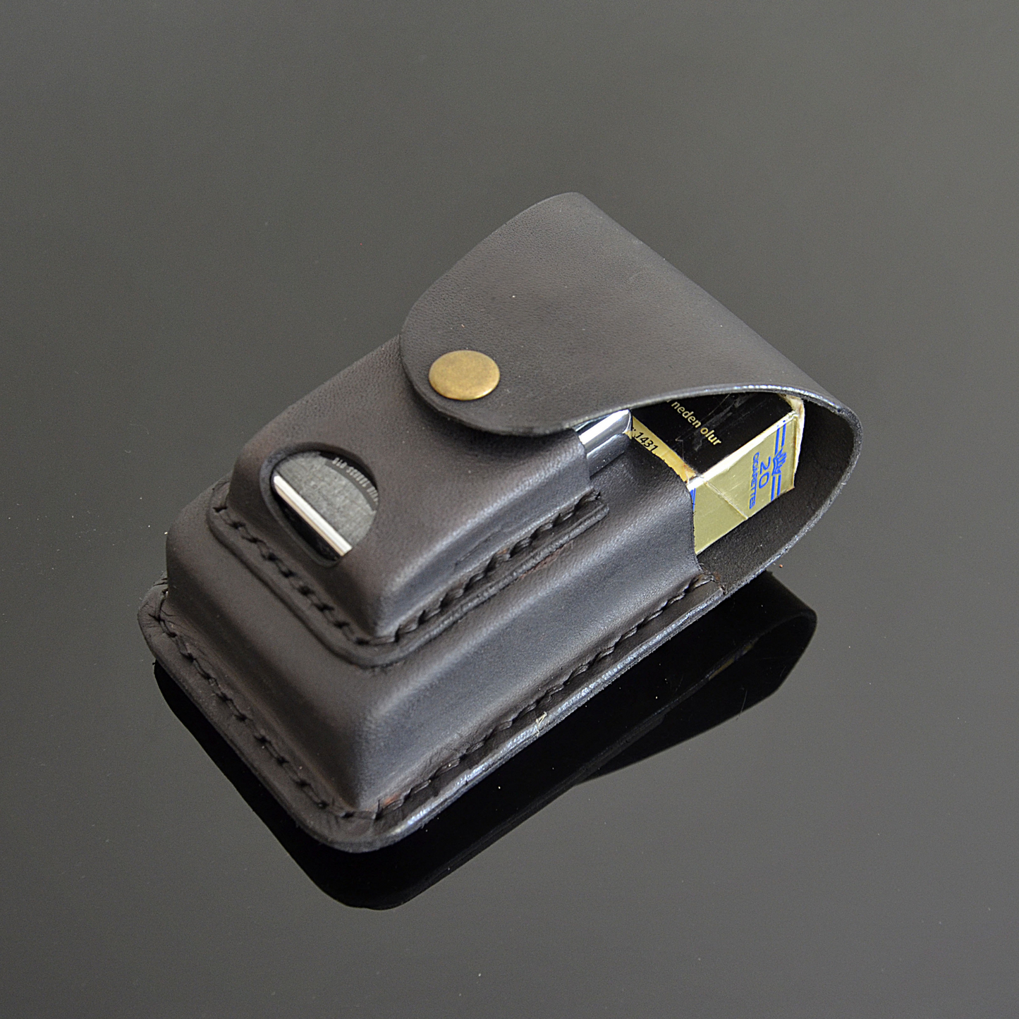 Handcrafted black leather cigarette case with built-in Zippo-style lighter slot