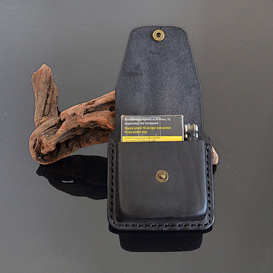 handmade black leather cigarette bic lighter case 