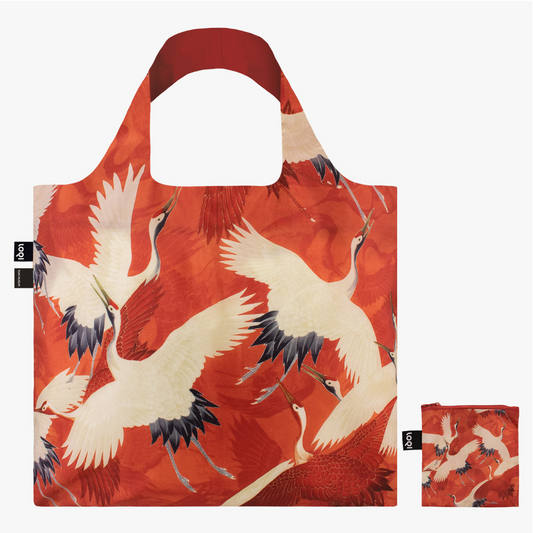 Sac fourre-tout LOQi Haori pour femme, motif grues blanches et rouges