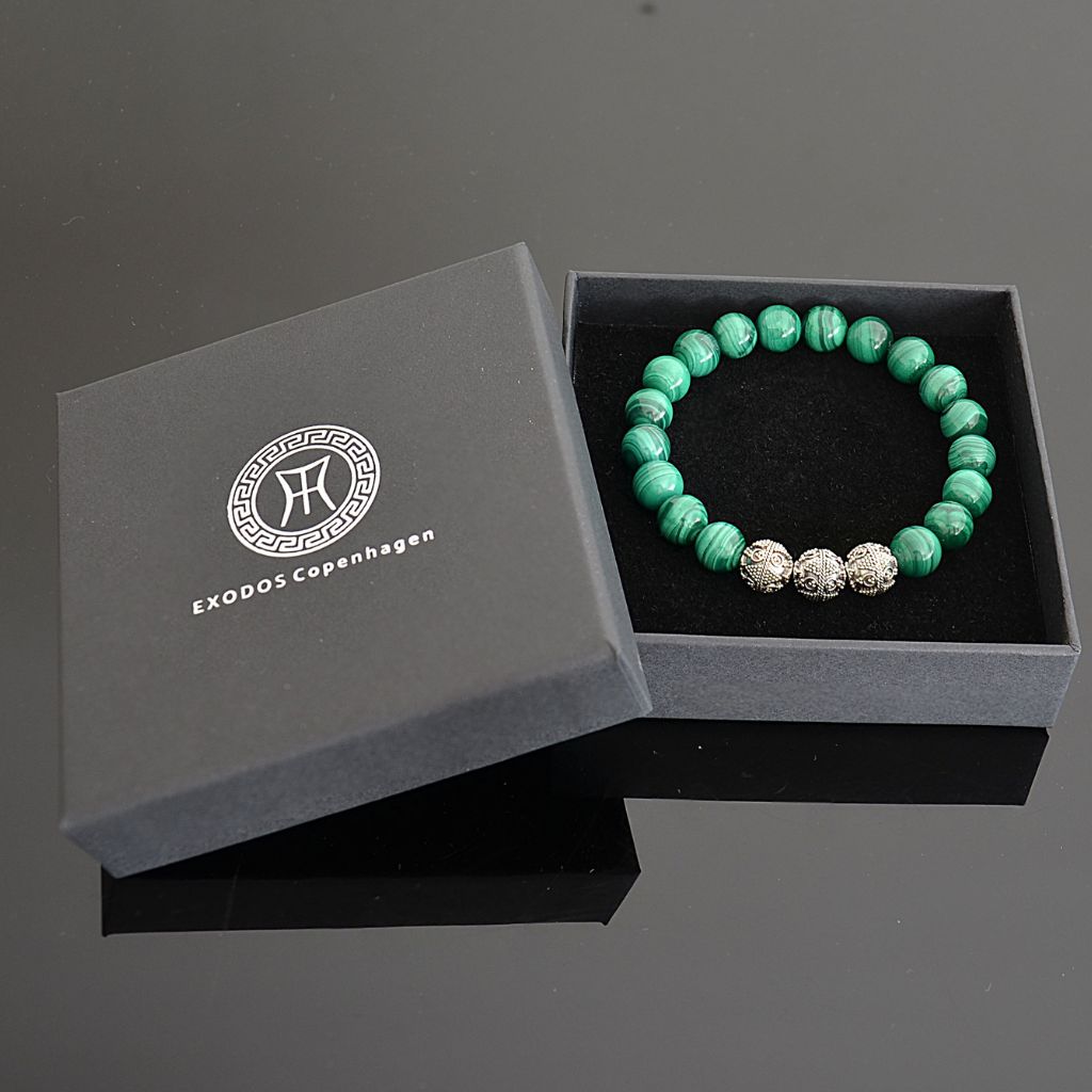 men's green malachite and 925 sterling silver bai beads bracelet