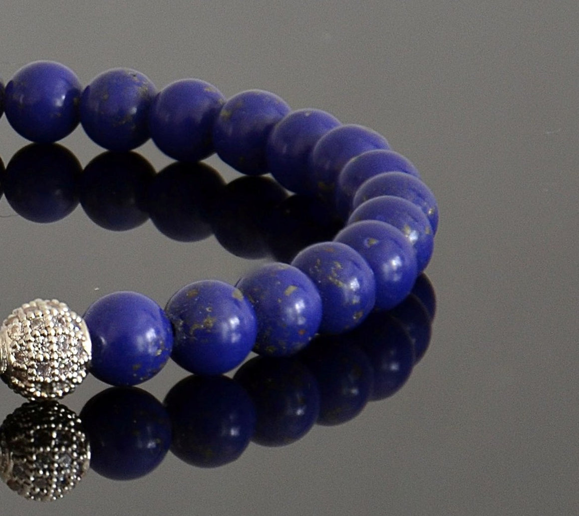 6mm Lapis Lazuli Womens Beaded Bracelet with CZ Diamonds