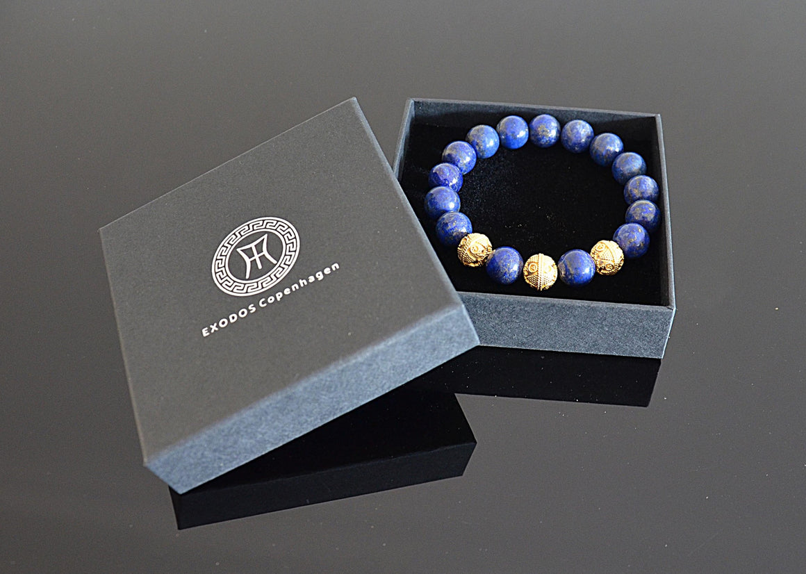 12mm Lapis Lazuli Mens Bracelet with 18K Gold Plated 925 Sterling Silver Bali Beads
